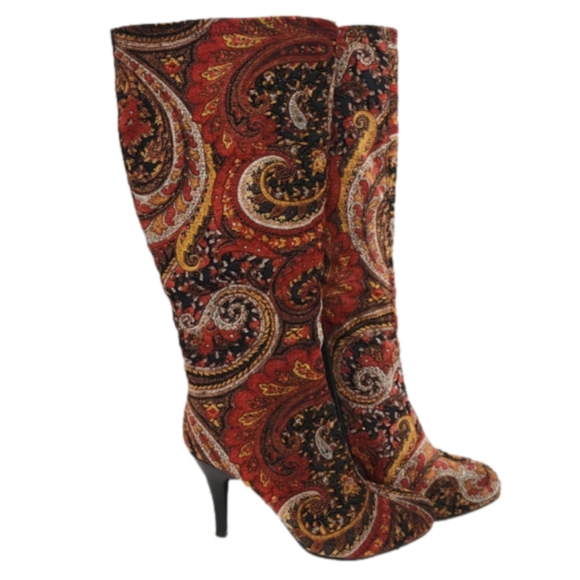 Diba Shoes - Diba Red Paisley Tapestry Heeled Knee-High Boots